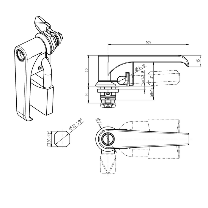 EMKA 1000-U771 L-handle quarter turn for padlock, Zinc die black powder-coated; with nut